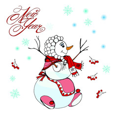 postcard Snowman and inscription New year, color vector isolated illustration on white background, snowflakes