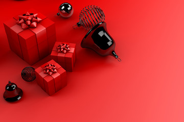 3d rendering of christmas gifts and presents. Gift boxes,christmas and new year ornaments on red background.  Valentine's day celebrate, Top view, greeting card. Copy scape.