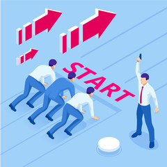 Isometric businessmen on a track-ready to run. Young businessman starting to his career. Concept business.