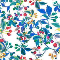 Seamless watercolor pattern of viburnum branch.