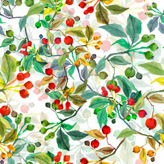Seamless watercolor pattern of viburnum branch.