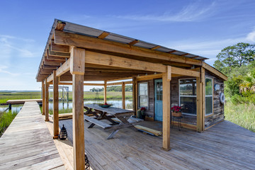 Boat dock with a picnic table