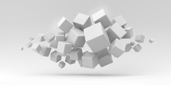 Illustration for advertising. Many flying cubes on a white background. 3d render illustration.