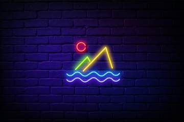 Travel sea mountains line icon. Neon laser lights. Sun and waves sign. Summer holidays symbol. Banner badge with sea mountains icon. Vector
