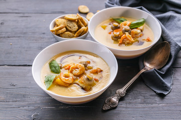 Close-up two spoon vegetable soup with prawns and mushrooms. Healthy and Low-Calorie Seafood Recipes