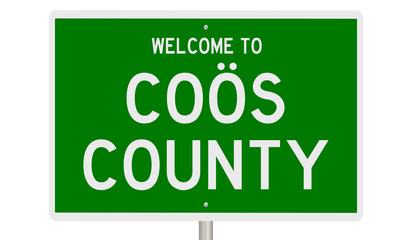 Rendering of a green 3d highway sign for Coös County in New Hampshire