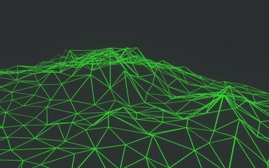 Polygonal technology background , green abstract low poly triangle field 3D render