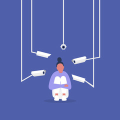 Young crouching female character surrounded by CCTV cameras, invasion of privacy with new spying technologies