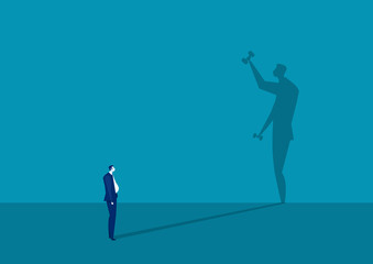 Obraz premium businessman looking big shadow for plan program diet belly healthcare himself concept