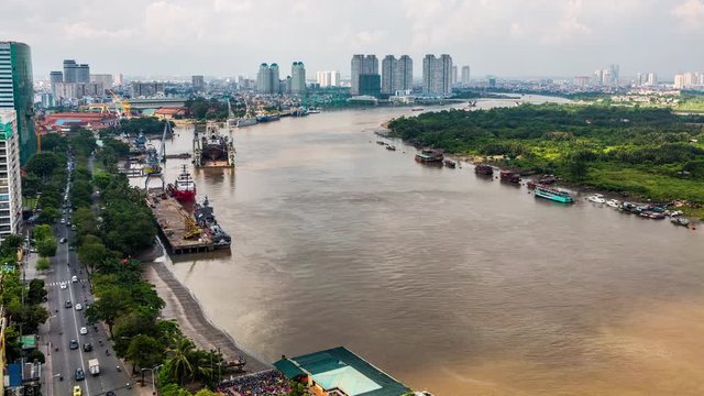 Saigon river along Ho Chi Minh City downtown, Vietnam time lapse