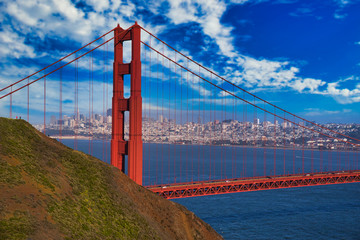 North tower of Golden Gate Bridge over San Francisco Bay