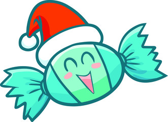Funny and cute laughing blue candy character wearing Santa's hat for christmas