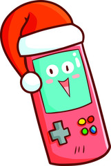 Cute and funny portable game device character wearing Santa's hat for christmas