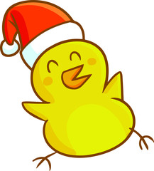Cute and funny singing little chicken character wearing Santa's hat for christmas