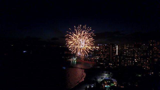 Fireworks Over Beach at Night in Waikiki Hawaii