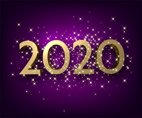 Purple shiny happy New Year background with golden 3d 2020 nubmers and stars.