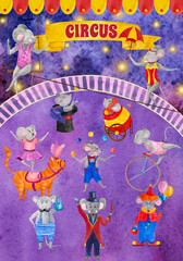 watercolor illustration of circus with mice