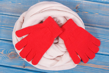 Pair of red womanly gloves and shawl for autumn or winter