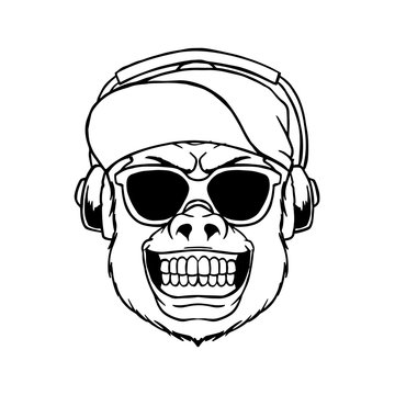 smile monkey wear glasses and cap hat listening music on headphone vector illustration. animal gorilla head line art tattoo graphic