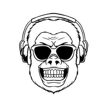smile monkey wear a glasses listening music on headphone vector illustration. animal gorilla head line art tattoo graphic