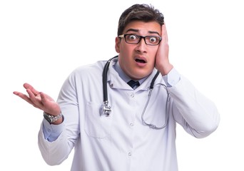 Young male doctor isolated on white background