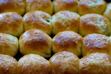 Baked hot buns. Sweet buns on a baking sheet