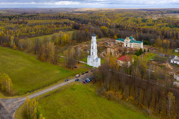 View from above - White bell tower of the old Pustyn Holy Assumption Monastery in the city of Mstislavl, Belarus