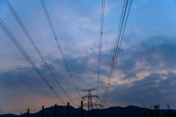 a wide-angle shot on power lines in the sunset sky background in hong kong china