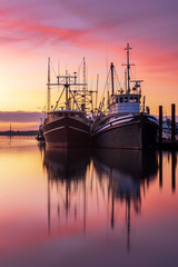 Fishing boats in Steveston Harbour at dusk, Richmond, British Columbia