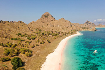 Aerial view of Tropical long or pink beach in Komodo National Park, East Nusa Tenggara, Indonesia.