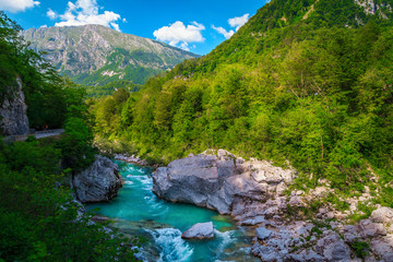 Fototapeta na wymiar Emerald color Soca river with deep canyon near Kobarid, Slovenia
