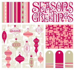 Set of new coordinating holiday seamless patterns, gift tags and design elements for gift wrap, cards and decoration. Simple flat retro style for Christmas and New Years. Vector illustration.