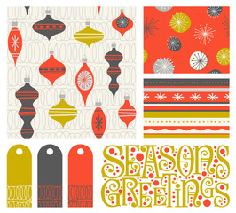 Materiał do szycia Set of new coordinating holiday seamless patterns, gift tags and design elements for gift wrap, cards and decoration. Simple flat retro style for Christmas and New Years. Vector illustration.