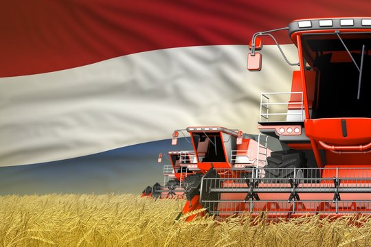 3 red modern combine harvesters with Netherlands flag on grain field - close view, farming concept - industrial 3D illustration