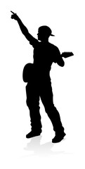 Fototapeta na wymiar A guitarist musician in detailed silhouette playing his guitar musical instrument.
