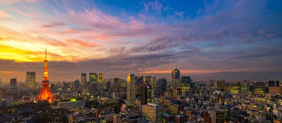 Papier Peint photo Tokyo Panorama de la vue sur les toits de la ville de Tokyo et de la tour de Tokyo au Japon avec coucher de soleil et ciel coloré. Beau de nuages et de ciel au crépuscule et au crépuscule. Zone du centre financier et d& 39 affaires de Tokyo.