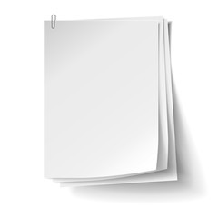 Three white sheets of paper with metal paper clip. Metal paper clip attached to paper. Vector illustration.