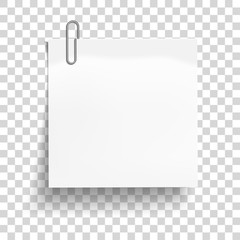 White sheet of paper with metal paper clip. Metal paper clip attached to paper. Vector illustration.