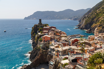 View to coastal Vernazza village in Cinque Terre land, Italy