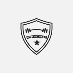 gym,muscle,barbell, shield logo design vector