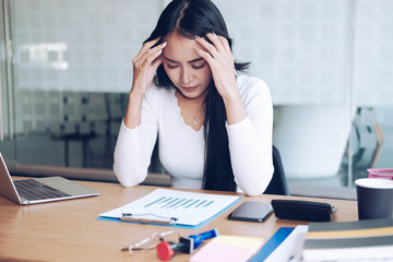 businesswoman feeling tired, frustrated stressed from hard work. exhausted woman freelancer have headache