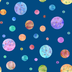 Multicolored circles seamless pattern. Endless motif with watercolor texture for textiles, wallpaper, decor, web pages.