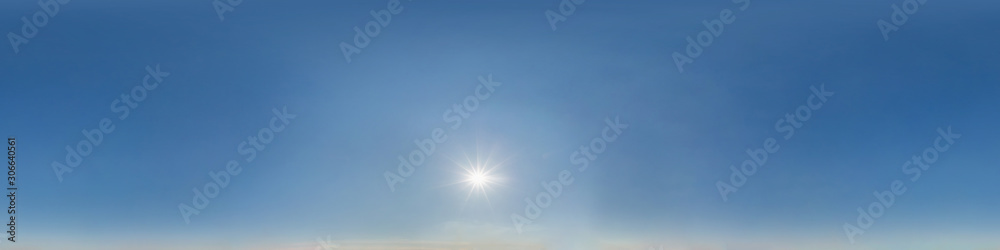 Wall mural clear blue sky with scorching sun. seamless hdri panorama 360 degrees angle view with zenith for use