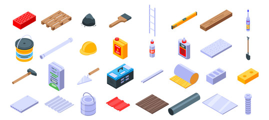 Construction materials icons set. Isometric set of construction materials vector icons for web design isolated on white background