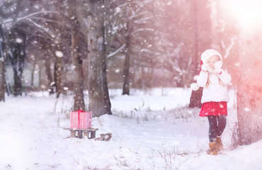 A winter fairy tale,in the forest. A girl on a sled with gifts on the eve of the new year in the park. Two sisters walk in a New Year's park and ride a sled with gifts.