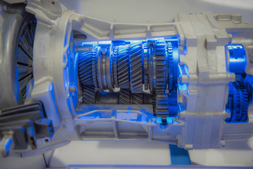 Engine manual transmission gears work cross section on the car engine.