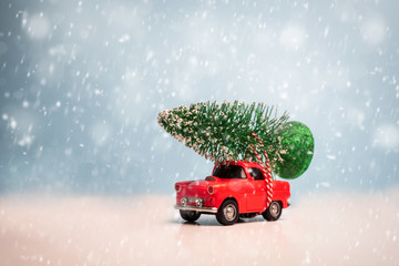 Red car carrying a Christmas tree