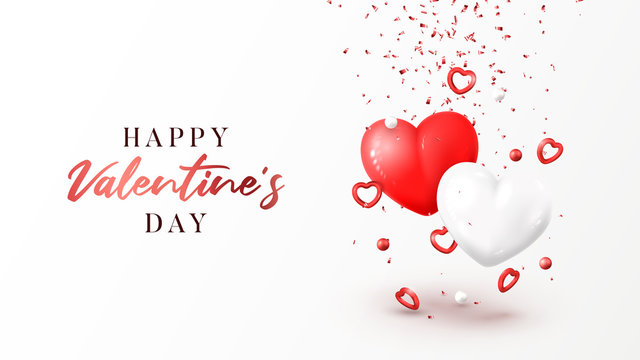 Happy Valentine's Day holiday banner. Vector illustration with realistic flying red and white hearts, balls and confetti on white background. Festive greeting card, horizontal poster.