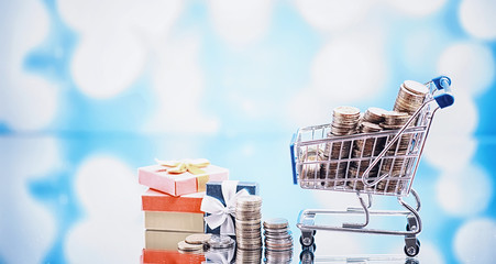 Background shopping trolley. Concept of shopping for groceries and things. Weekend shop.