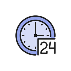 24 hours service, support time flat color icon.